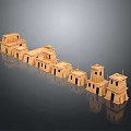 Cartoon Scene of Ancient Wooden Architecture Models Arranged in Line with Towers and Houses