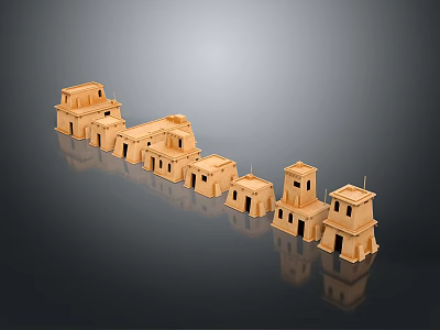 Cartoon Scene of Ancient Wooden Architecture Models Arranged in Line with Towers and Houses 3d model