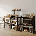 Modern Kitchen Interior With Multiple Appliances Including Microwaves Ovens On Metal Shelves And Food Items