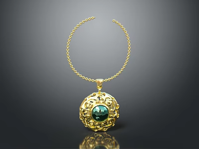 Elegant Gold Necklace With Round Pendant Green Gemstone And Decorative Pattern 3d model