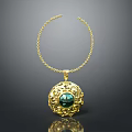 Elegant Gold Necklace With Round Pendant Green Gemstone And Decorative Pattern