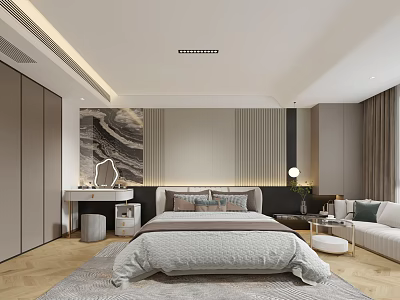 Modern Bedroom Interior With Wooden Floor Accent Wall Sofa Rug And Curtains 3d model