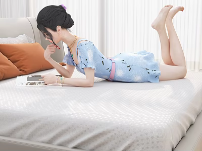Woman Reading a Book Lying on Bed in Blue Floral Dress with Orange Pillows 3d model