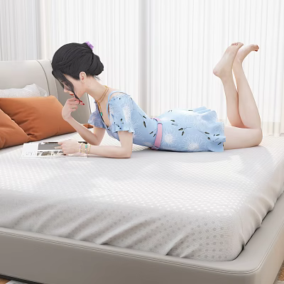 Woman Reading a Book Lying on Bed in Blue Floral Dress with Orange Pillows 3d model
