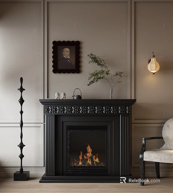 Classic Black Fireplace With Carved Mantel And Elegant Decor Pieces 3d model 