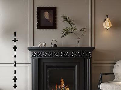 Classic Black Fireplace With Carved Mantel And Elegant Decor Pieces 3d model