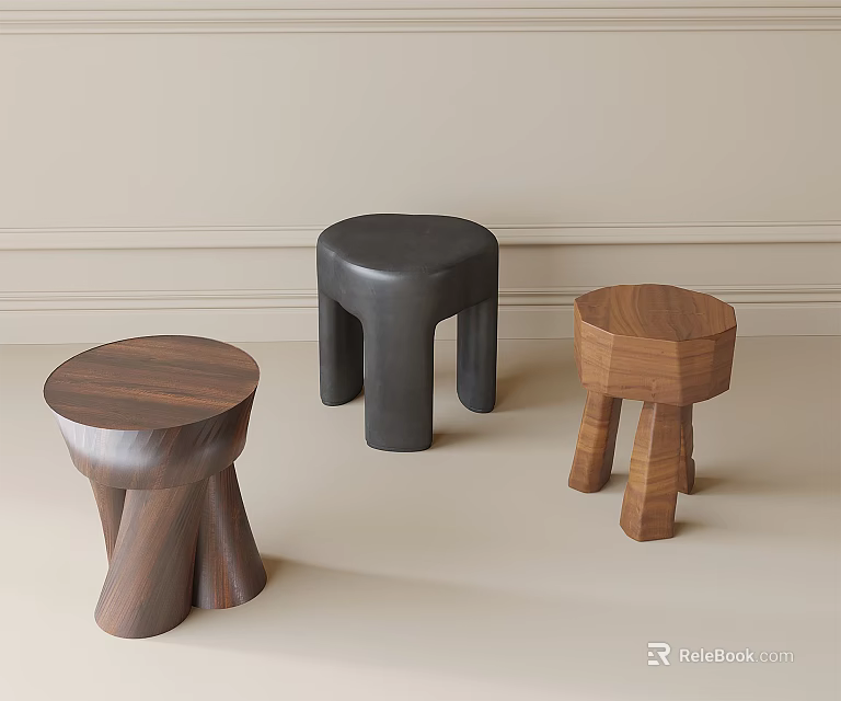 Three Modern Stools With Different Wooden And Black Design Styles For Home 3d model 