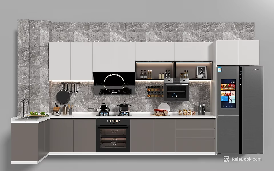 Modern Kitchen With Gray Marble Texture Wall White Gray Cabinets Black Range Hood And Kitchenware 3d model 