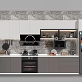 Modern Kitchen With Gray Marble Texture Wall White Gray Cabinets Black Range Hood And Kitchenware