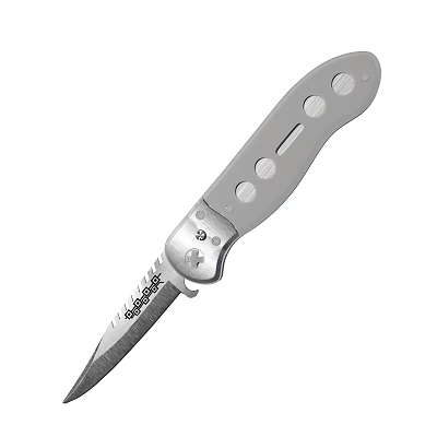 Durable Silver Perforated Handle Folding Knife With Serrated Metal Blade Design 3d model Durable Silver Perforated Handle Folding Knife With Serrated Metal Blade Design 3d model