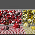 Art Installation With Red Yellow White Polka Dot Balls Mushroom Objects And Small Stuffed Toys