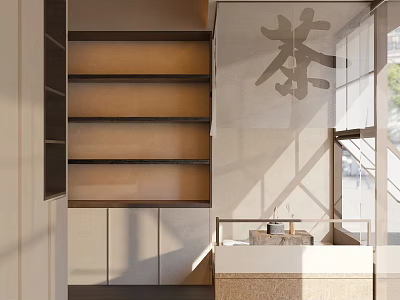 Modern Teahouse Interior With Transparent Partition Featuring Tea Character Wooden Shelves And Natural Light 3d model