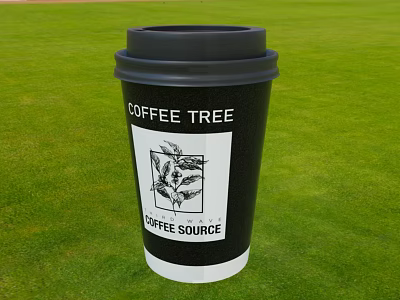 Black Coffee Cup With Coffee Tree Design And Coffee Source Text On Green Grass 3d model