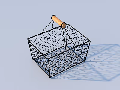 Black Sturdy Household Storage Basket With Hexagonal Mesh And Wooden Handle 3d model