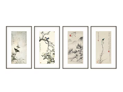 Traditional Chinese Four Framed Paintings With Flower Bird Landscape And Calligraphy 3d model
