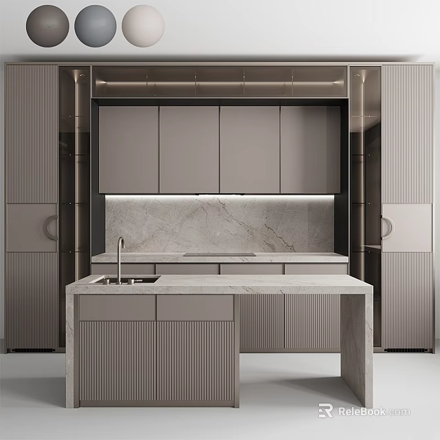 Elegant Modern Kitchen Cabinets Featuring Marble Countertop And Central Island Design 3d model 