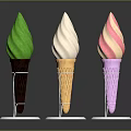 Three Colored Ice Cream Cones Green Beige Pink White Swirl On White Bases Dark Background