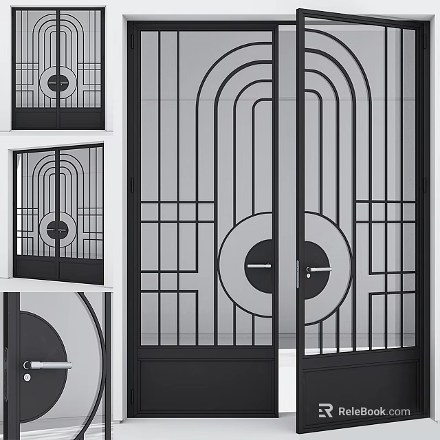 Decorative Double Doors Featuring Geometric Patterns Glass Panels And Black Frames Design 3d model