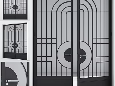 Decorative Double Doors Featuring Geometric Patterns Glass Panels And Black Frames Design 3d model