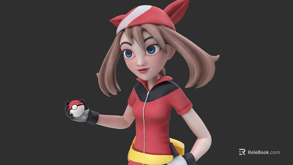 Game Anime Character In Red Outfit Red Hat Brown Hair Blue Eyes Holding Poké Ball 3d model 