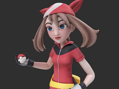 Game Anime Character In Red Outfit Red Hat Brown Hair Blue Eyes Holding Poké Ball 3d model