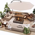 Outdoor Sofa Set With Fire Pit Umbrella And Plants On Wooden Deck