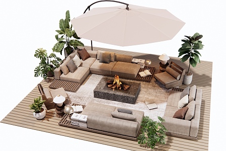 Outdoor Sofa Corner Multi-person Sofa Log Coffee Table Leisure Chair Plant Potted Ornaments Combination 3d model