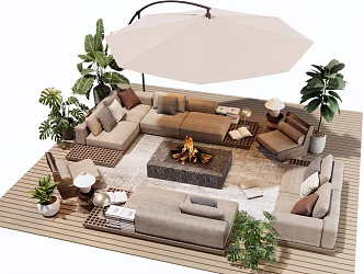 Outdoor Sofa Corner Multi-person Sofa Log Coffee Table Leisure Chair Plant Potted Ornaments Combination 3d model