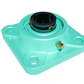 Turquoise Square Base Mechanical Component With Black Central Part And Golden Fasteners