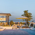 Roof Garden Leisure Area With Outdoor Furniture Yellow Umbrella Fire Pit And Green Plants