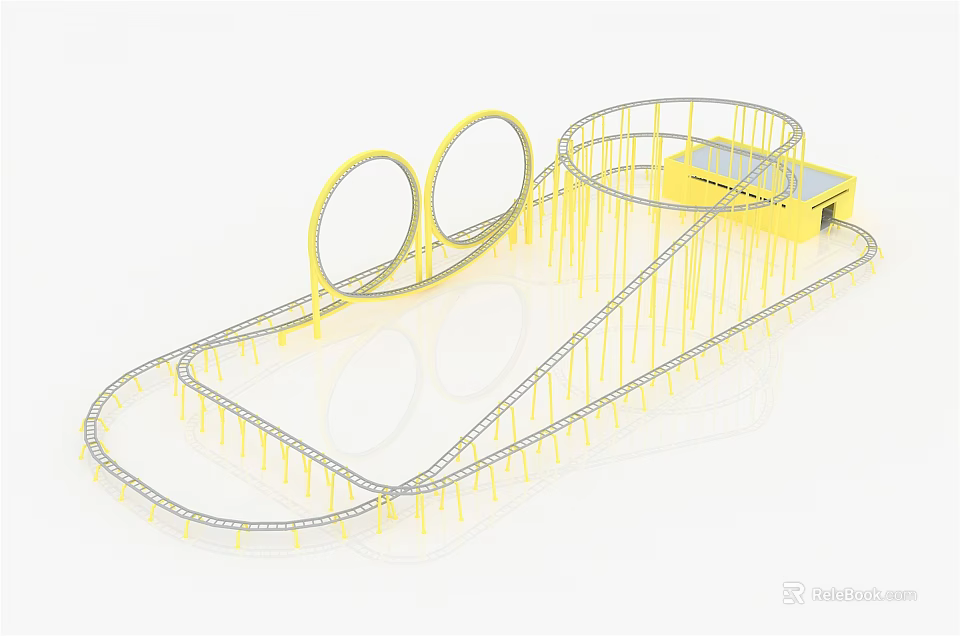 Yellow Playground Amusement Ride With Circular Track Loops And Starting Platform 3d model 