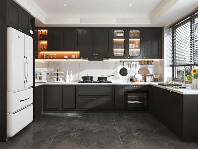 Modern Kitchen Interior With Black Cabinets White Refrigerator Island Counter And Appliances 3d model