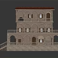 Ancient Architecture Two Story Building Featuring Arched Windows Balconies Stone Exterior And Red Roof