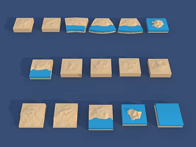 Terrain Textured Blocks with Beige Blue Water Areas and Island in Three Rows Five Columns 3d model