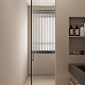 Modern Minimalist Bathroom Interior With White Toilet Shelves Towel Rack Mirror And Shower