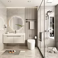 Modern Bathroom Interior Design With Round Mirror Vanity Toilet Glass Shower And Potted Plant