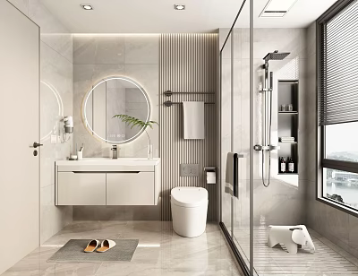 Modern Bathroom Interior Design With Round Mirror Vanity Toilet Glass Shower And Potted Plant 3d model