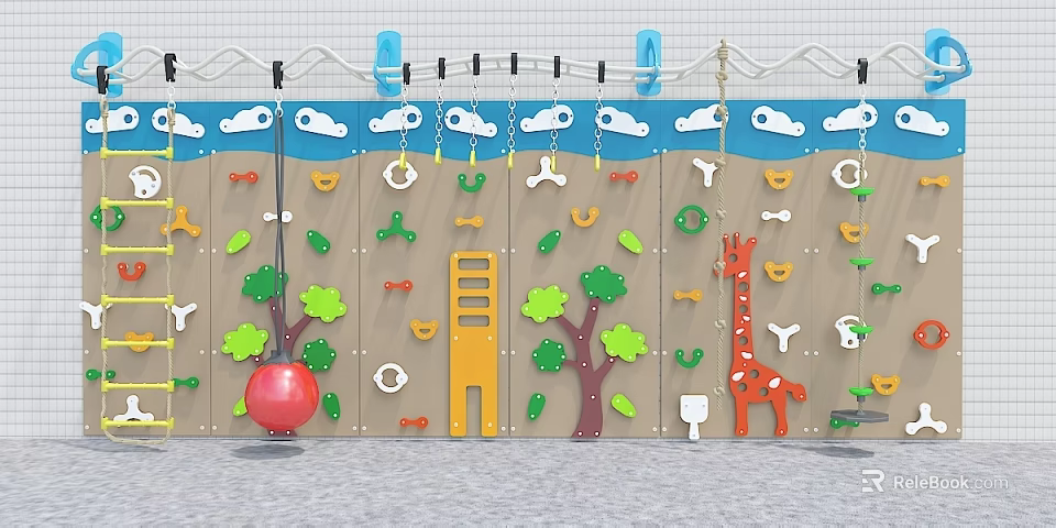 Kindergarten Climbing Wall with Colorful Shapes Giraffe Figure Cloud Decorations and Climbing Holds 3d model 