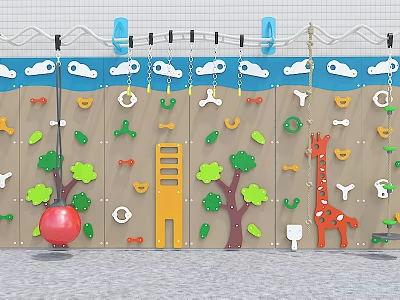 Kindergarten Climbing Wall with Colorful Shapes Giraffe Figure Cloud Decorations and Climbing Holds 3d model