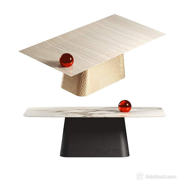 Modern Dining Tables With Wood Grain And Marble Tops Gold Black Bases And Red Balls 3d model 