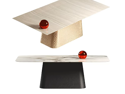 Modern Dining Tables With Wood Grain And Marble Tops Gold Black Bases And Red Balls 3d model