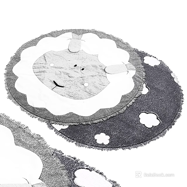 Cute Black White Round Carpet With Cartoon Face Fringe Edge Design 3d model
