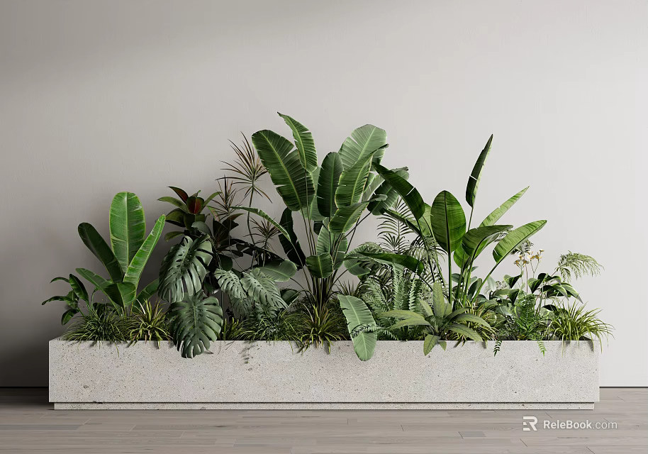Various Green Potted Plants In Long Concrete Planter With Large Leaves And Small Foliage 3d model 