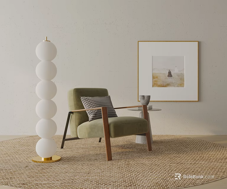 Green Armchair with White Spherical Floor Lamp Side Table and Framed Painting on Woven Rug 3d model 