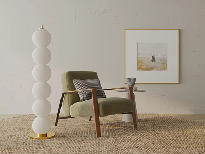 Green Armchair with White Spherical Floor Lamp Side Table and Framed Painting on Woven Rug 3d model