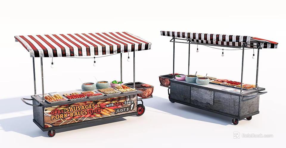 Food Vending Cart With Striped Awning Food Display Bowls And Wheels 3d model 