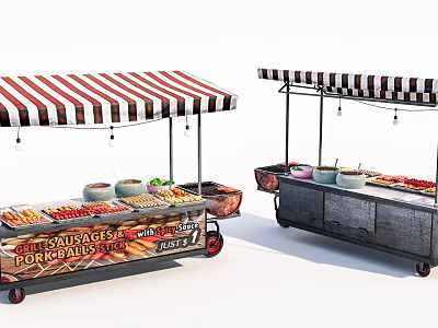 Food Vending Cart With Striped Awning Food Display Bowls And Wheels 3d model