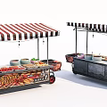 Food Vending Cart With Striped Awning Food Display Bowls And Wheels