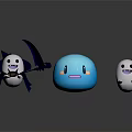 Cute Cartoon Characters Including Scythe Wielding Black White Figure Blue Round And White Ghost