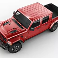 Red Jeep Pickup Truck with Off Road Tires and Open Cargo Bed